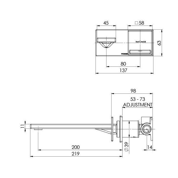 Technical Drawing - Phoenix Zimi Wall Basin/Bath Mixer Set 200mm - Chrome