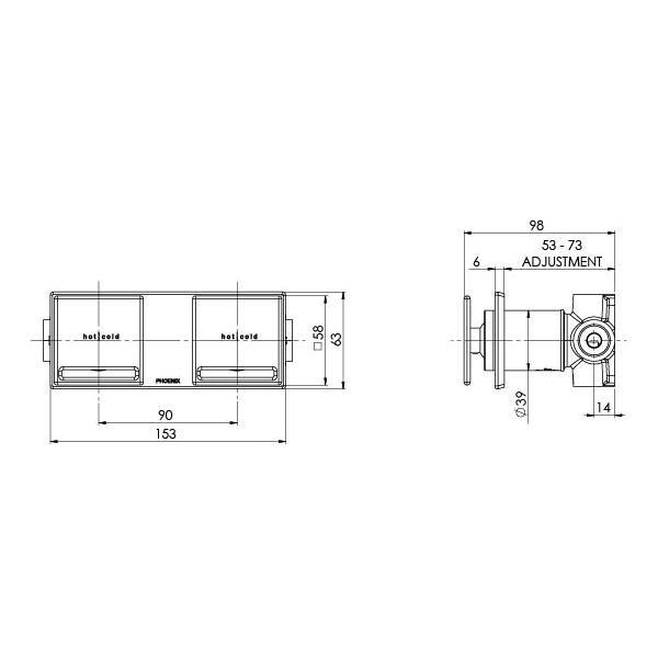 Technical Drawing - Phoenix Zimi Twin Shower Wall Mixer 