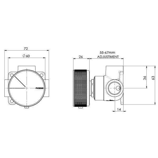 Technical Drawing - Phoenix Axia Shower/Wall Mixer 