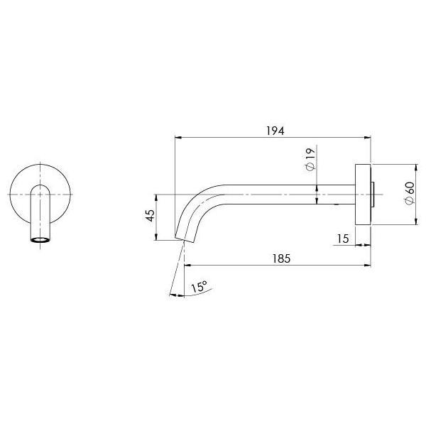 Technical Drawing - Phoenix Vivid Slimline Plus Wall Basin/Bath Outlet 180mm - The Blue Space