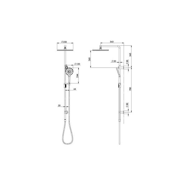 Technical Drawing - Phoenix NX Vive Twin Shower - Chrome/White