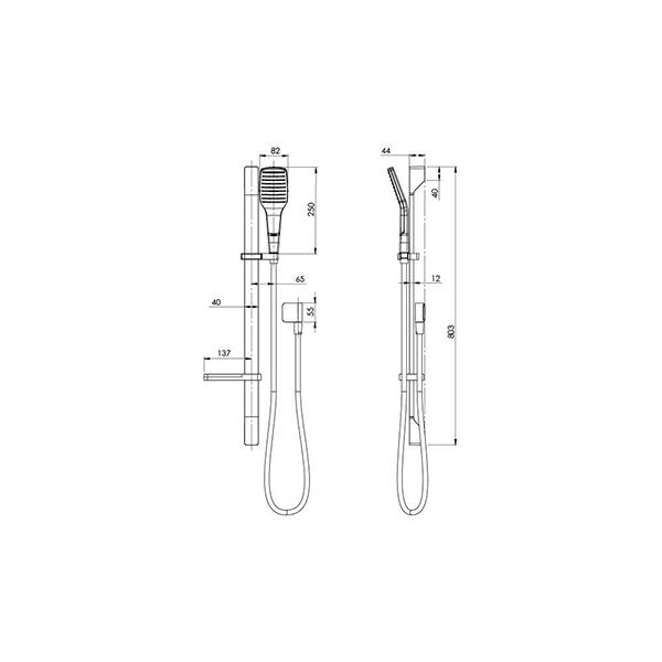 Technical Drawing - Phoenix NX Cape Rail Shower - Chrome/Black