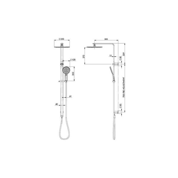 Technical Drawing - Phoenix NX Quil Twin Shower - Chrome/Black