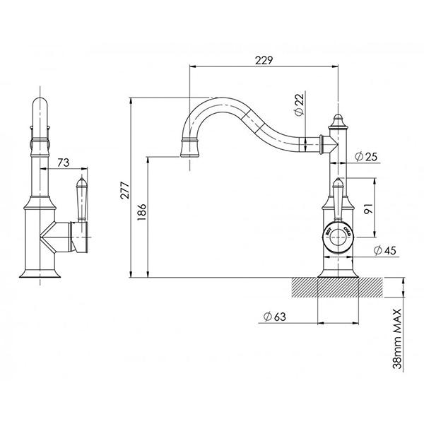 Technical Drawing - Phoenix Nostalgia Sink Mixer 220mm Shepherds Crook - Antique Black