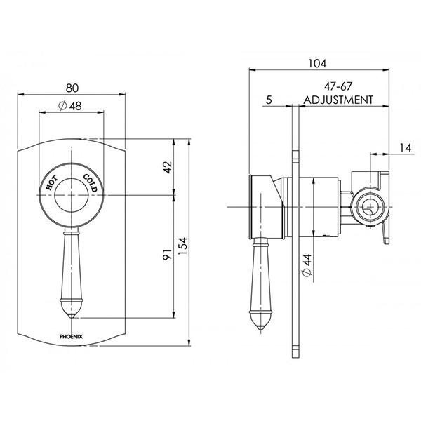 Phoenix Nostalgia Shower/Wall Mixer - Antique Black - specs - line drawing and dimensions