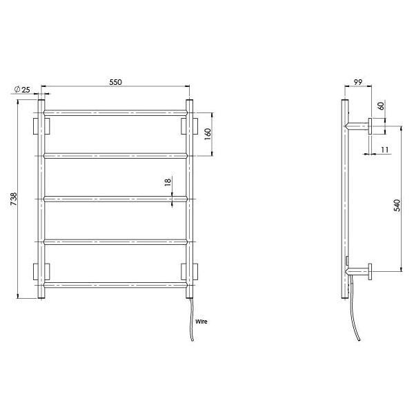 Phoenix Radii Heated Towel Ladder 550mm Square Plate - Matte Black