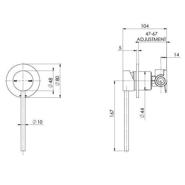 Technical Drawing - Phoenix Vivid Shower/Wall Mixer - Extended Lever