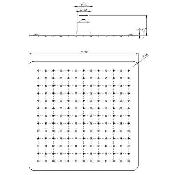Technical Drawing - Phoenix Vivid Slimline Shower Rose 300mm Square
