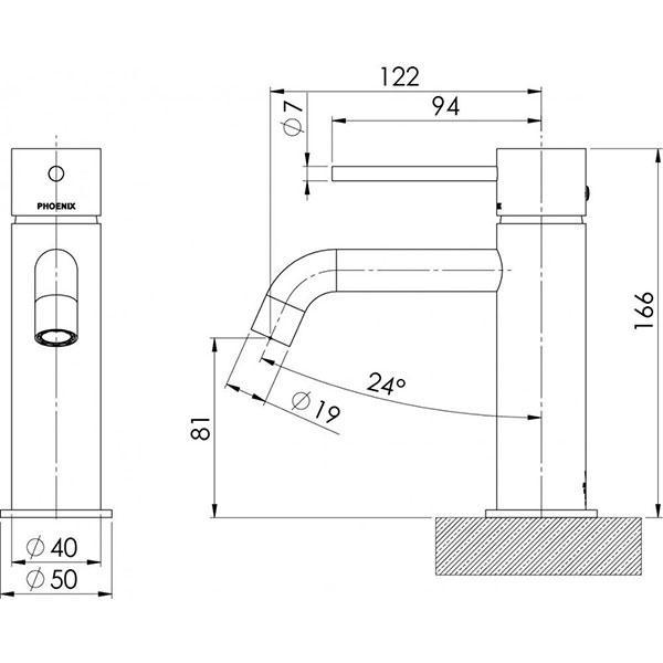 Technical Drawing - Phoenix Vivid Slimline Basin Mixer Curved Outlet - Brushed Gold