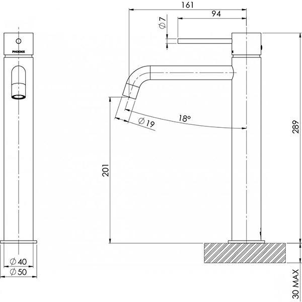 Technical Drawing - Phoenix Vivid Slimline Vessel Mixer Curved Outlet - Brushed Gold