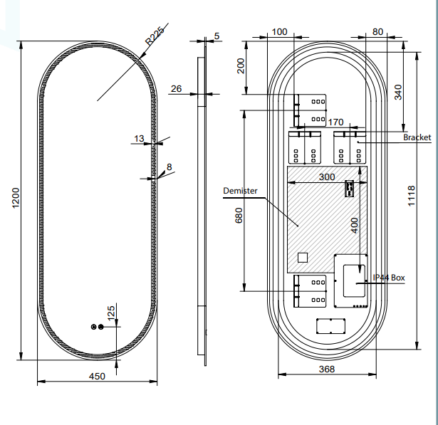 Remer Great Gatsby 1200mm LED Mirror Technical Drawing - The Blue Space