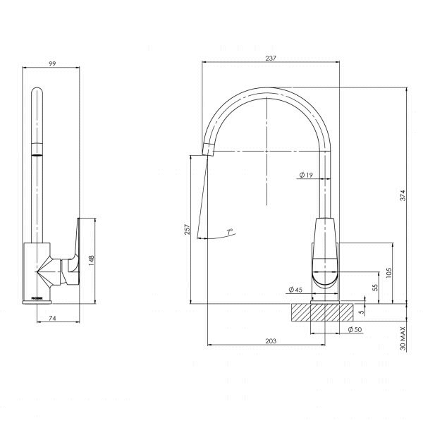 Technical Drawing: Arlo Sink Mixer 200mm Gooseneck Chrome
