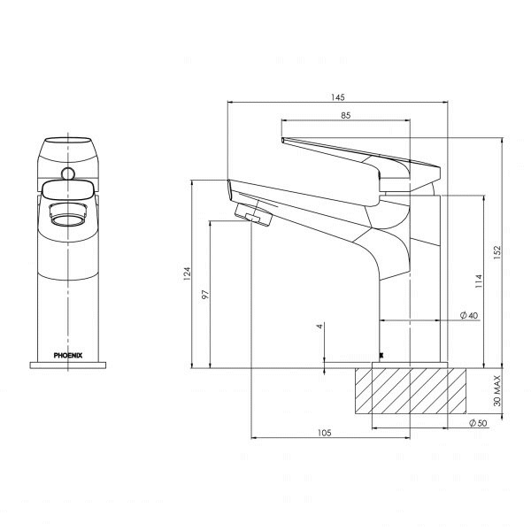 Technical Drawing: Arlo Basin Mixer Chrome Phoenix Builders Range