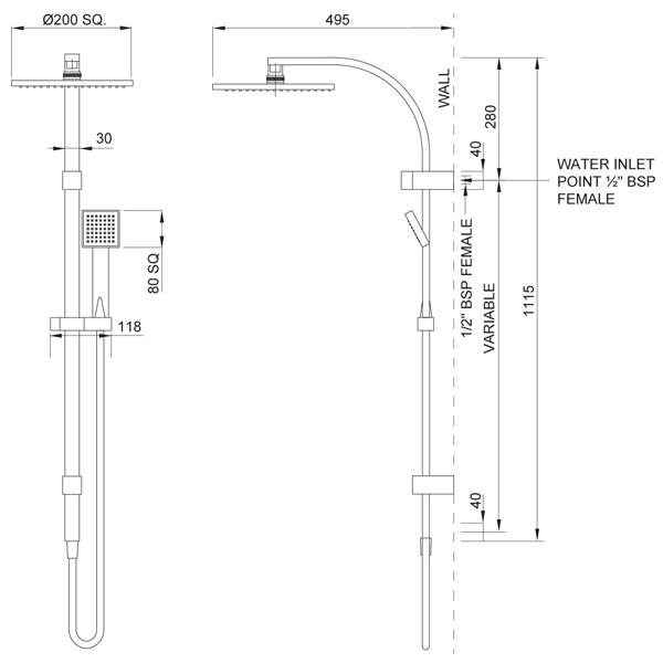 Methven Rere Twin Shower System-Matte Black Technical Drawing