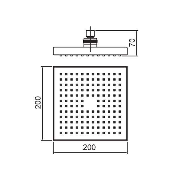 Methven Rere Square Drencher 200mm Matte Black Technical Drawing