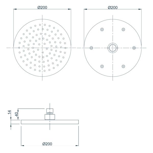 Methven Krome 200mm Round Drencher (Matte Black) Technical Drawing