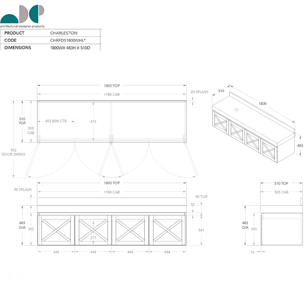 ADP Charleston Vanity 1800mm - The Blue Space - Technical Drawing