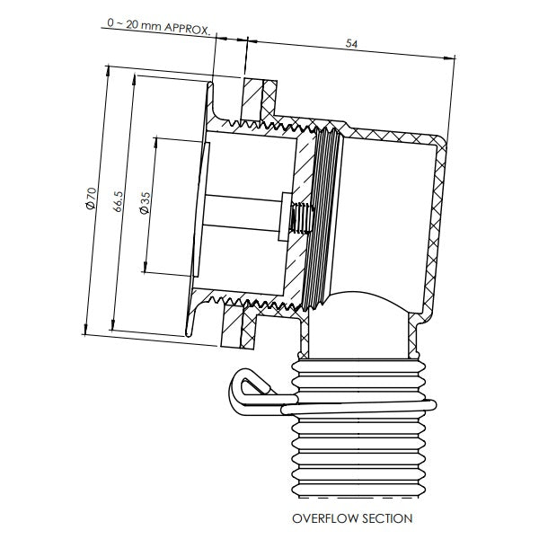 Technical Drawing: 40mm Bath Pop Down Waste with Overflow Section - The Blue Space