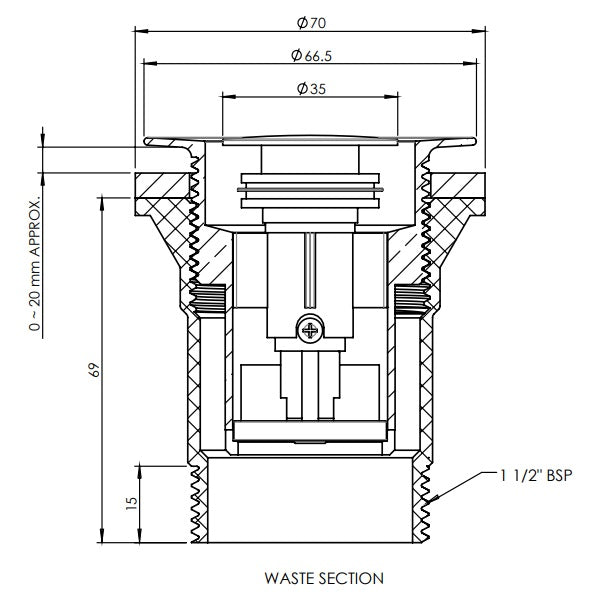 Technical Drawing: 40mm Bath Pop Down Waste with Overflow Waste Section - The Blue Space