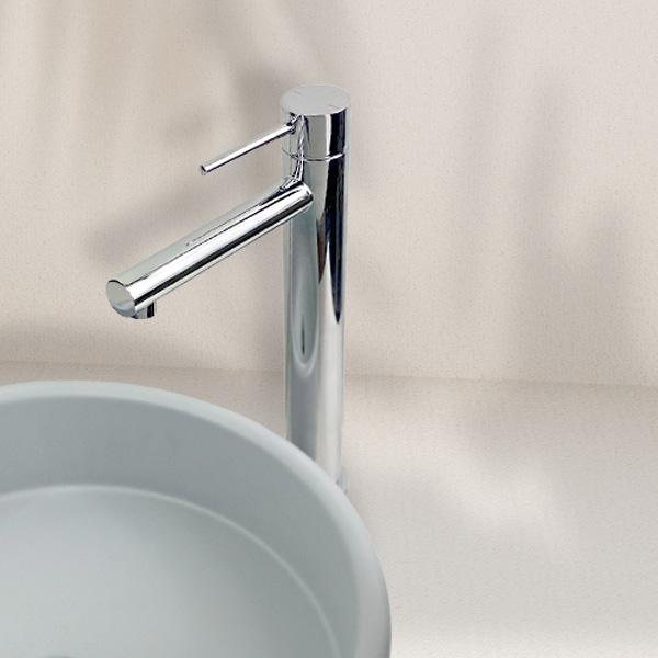 Indigo Alisa Tower Basin Mixer Chrome with blue grey basin online at The Blue Space