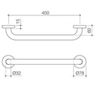 Caroma Home Collection Straight Grab Rail 450mm Technical Drawing - The Blue Space