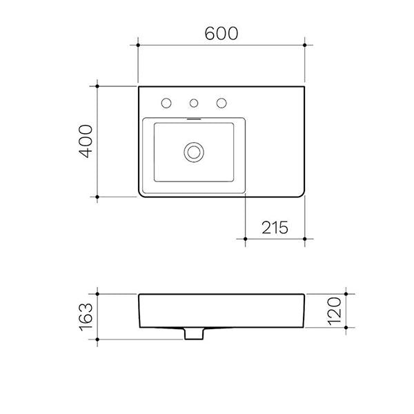Clark Square Wall Basin Right Hand Shelf 600mm No Tapholes - Dimensions