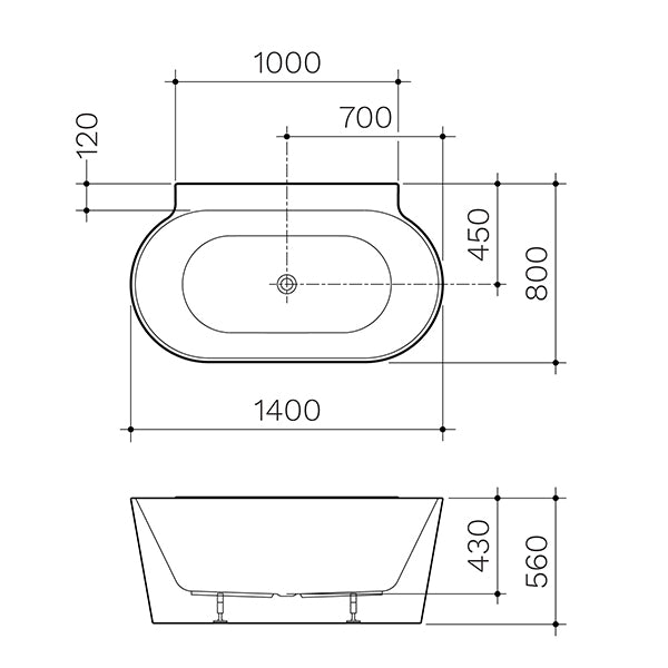 Clark Round Back To Wall Freestanding Bath 1400mm dimensions