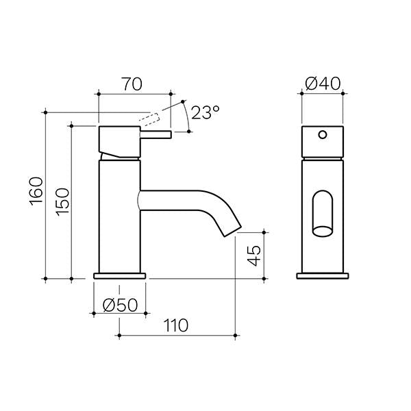 Clark Round Pin Basin Mixer - Brushed Nickell - dimensions