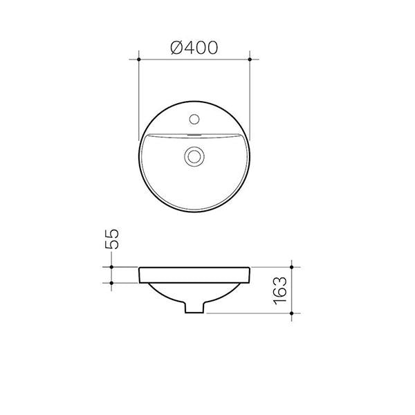 Clark Round Inset Basin with Tap Landing 400mm - dimensions