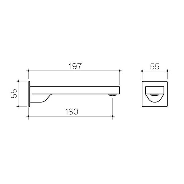 Clark Square Wall Basin/Bath Outlet 180mm - Chrome - Line Drawings