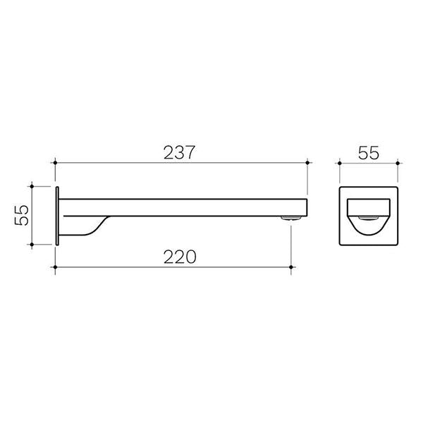 Clark Square Wall Basin/Bath Outlet 220mm - Chrome - Line Drawings