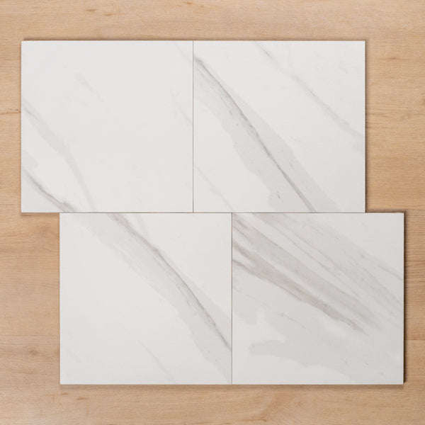Perisher White Marble Matt Rectified Porcelain GP Tile 300x300mm Quad Offset Pattern - The Blue Space