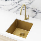 Meir Single Bowl PVD Kitchen Sink 440mm - Brushed Bronze Gold Featured in a Kitchen on a White Benchtop with a Marble Splashback- The Blue Space