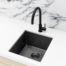 Meir Single Bowl PVD Kitchen Sink 440mm - Brushed Gun Metal Featured on a White Kitchen Benchtop and Marble Benchtop - The Blue Space