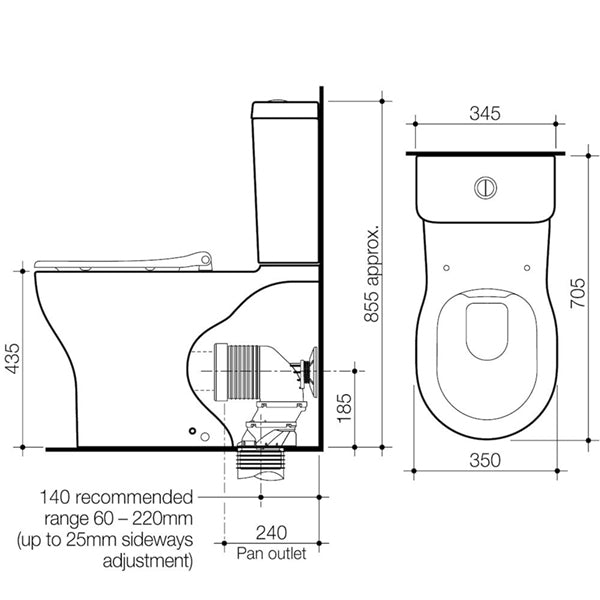 Technical Drawing - Caroma Opal Cleanflush Easy Height Wall Faced Close Coupled Toilet Suite