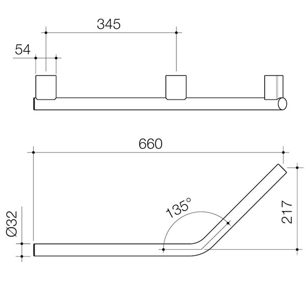 Caroma Opal Support Rail 135 Degree Left Hand Angled Technical Drawing - The Blue Space