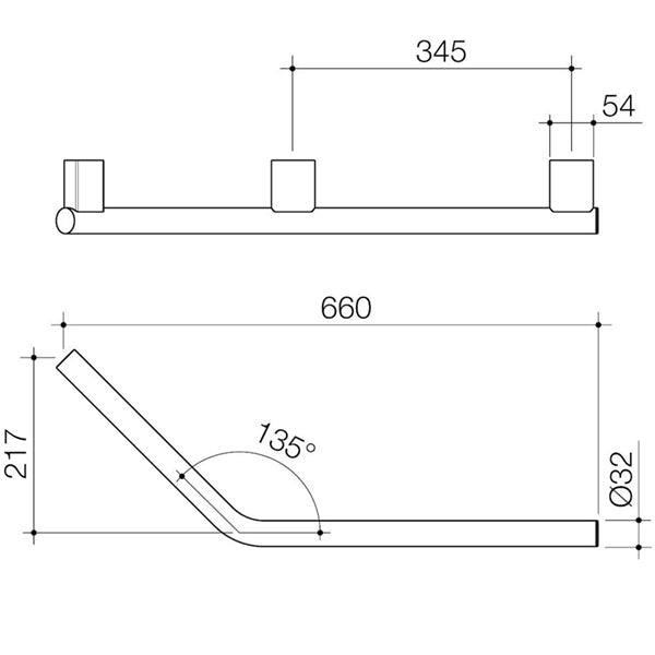 Caroma Opal Support Rail 135 Degree Right Hand Angled Technical Drawing - The Blue Space