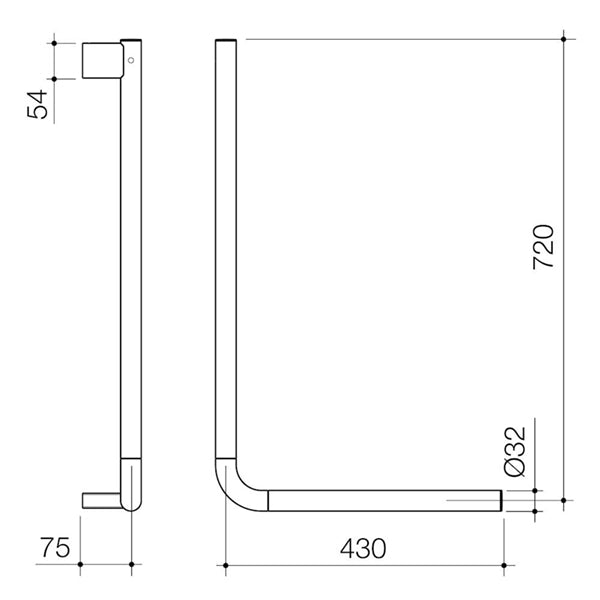 Caroma Opal Support Rail 90 Degree Angled Technical Drawing - The Blue Space