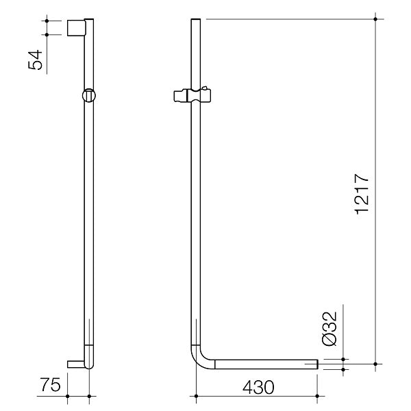 Technical Drawing: Caroma Opal Support Shower Rail 90 Degree Angled