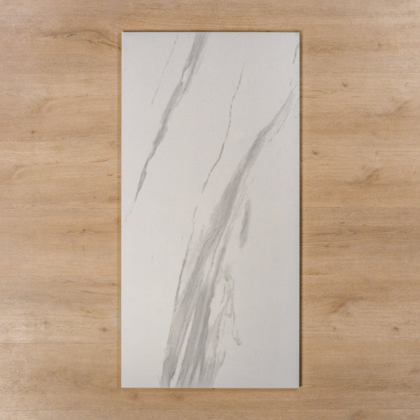 Perisher White Marble Polished Rectified Porcelain Tile 600x1200mm - The Blue Space
