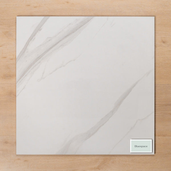Perisher White Marble Polished Rectified Porcelain Tile 600x600mm - The Blue Space