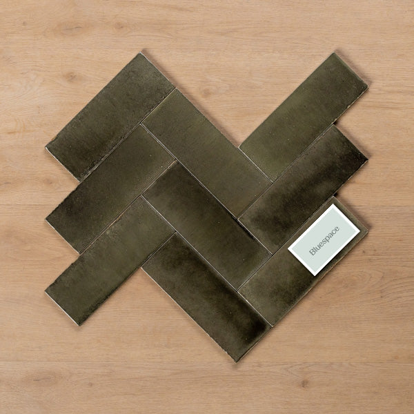 Sicily Grigio Charcoal Gloss Cushioned Edge Porcelain Tile 75x200mm Herringbone Pattern - The Blue Space