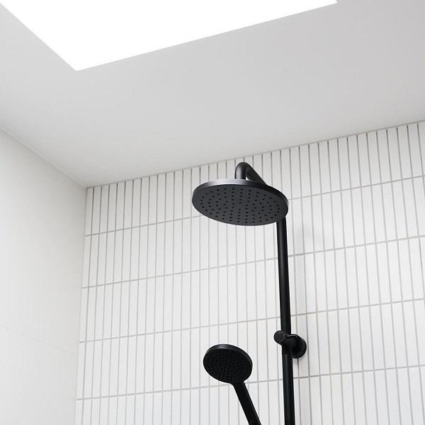Clark Round Rail Shower with Overhead - Matte Black in bathroom at The Blue Space