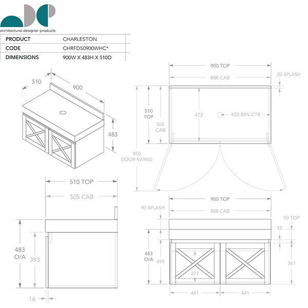 ADP Charleston Vanity 900mm - The Blue Space - Technical Drawing
