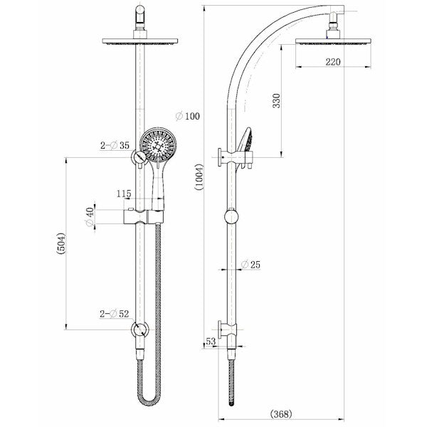 Technical Drawing: Modern National Bondi Twin Exposed Rail Shower System ABS Head Chrome
