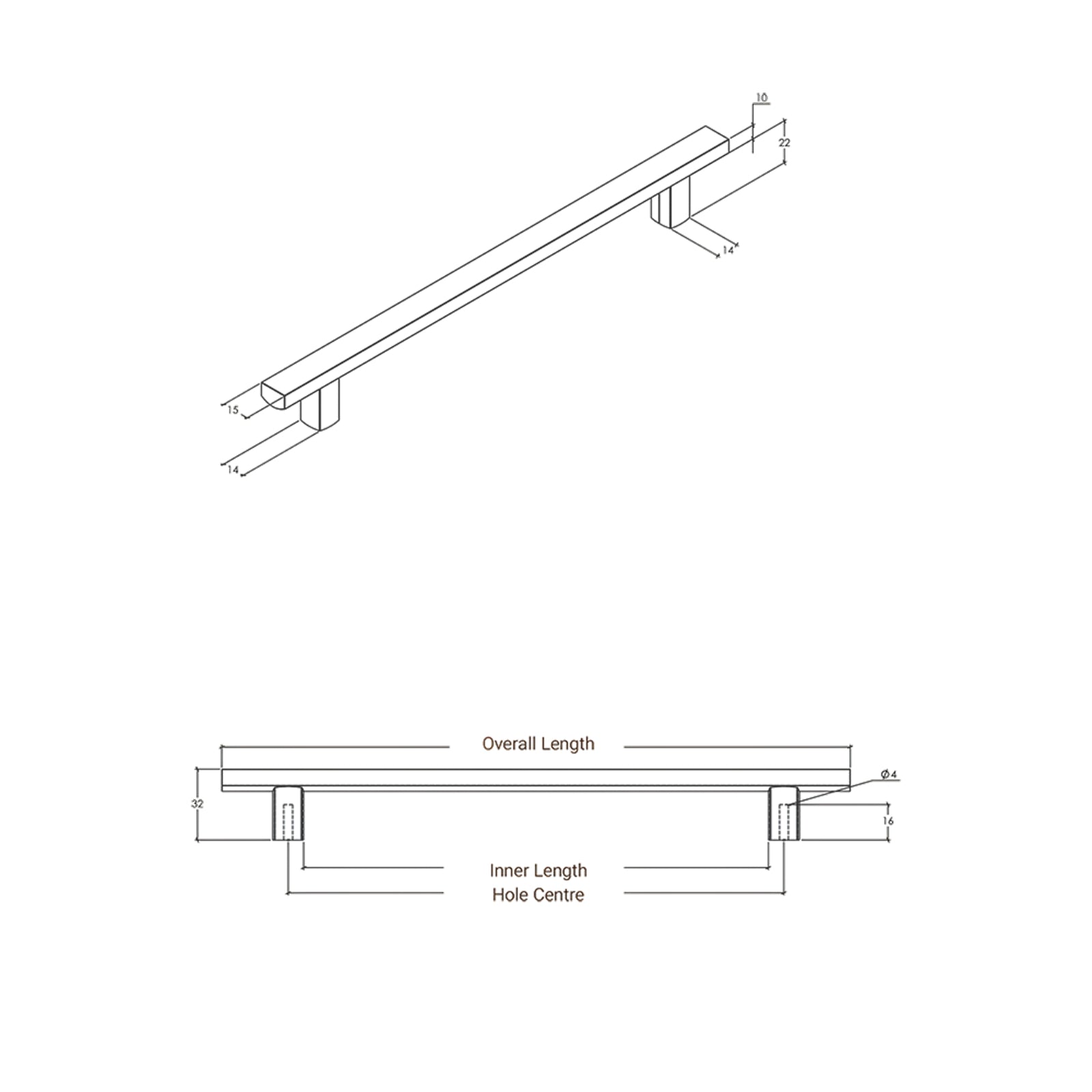 Technical Drawing - Momo Handles Ara Bar Pull Oak