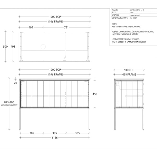 Technical Drawing - ADP Ivy Vanity 1200m Offset Bowl