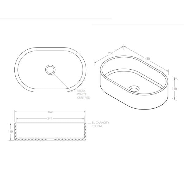 ADP Patty Above Counter Basin to suit ensuite sized vanities. Technical drawings - The Blue Space