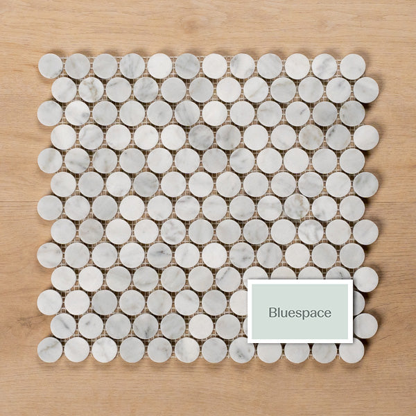 Sample of Cottesloe Carrara White Penny Round Honed Marble Mosaic Tile - The Blue Space