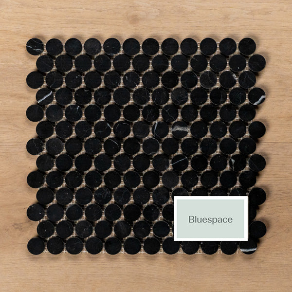 Sample of Cottesloe Nero Marquina Penny Round Honed Marble Mosaic Tile - The Blue Space